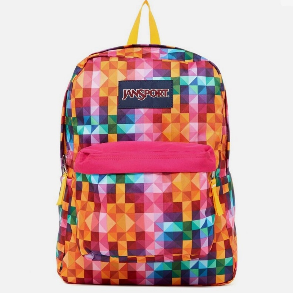 Jansport multicolor backpack book bag pink orange school college zipper pockets